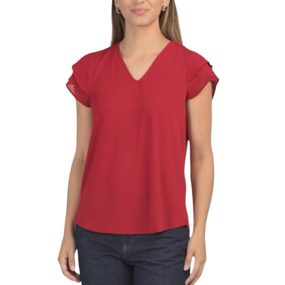NWT ADRIANNA PAPELL Red Pleated Ruffle Short Sleeve V-Neck Blouse Size Large - Picture 2 of 3